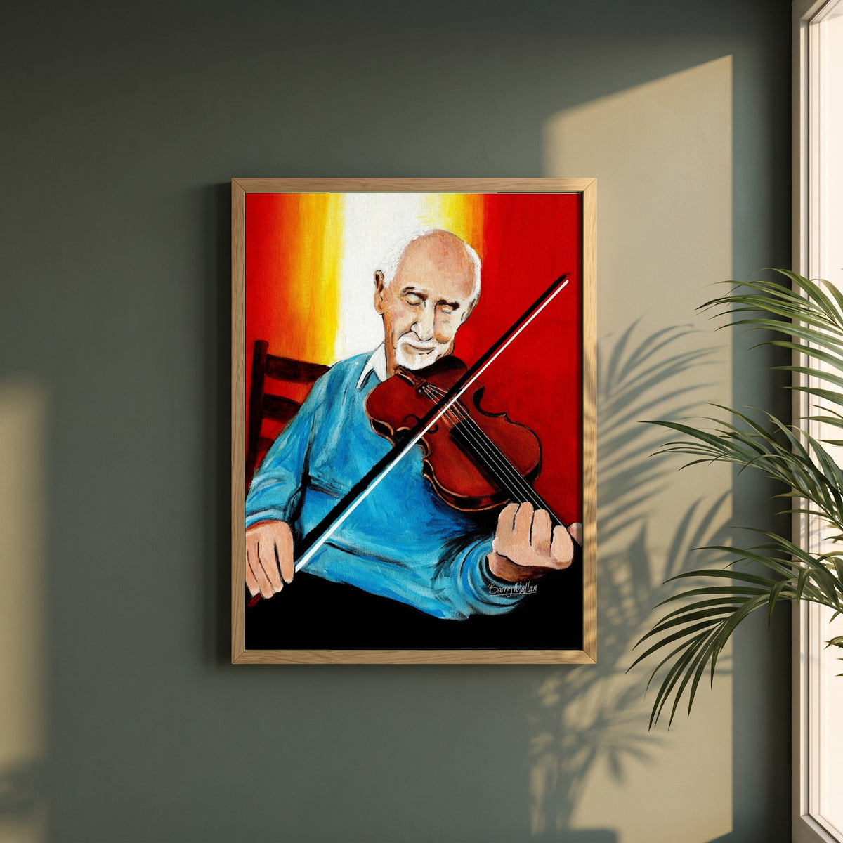 Polkas in the Parlour framed print in a natural oak frame on a dark green wall beside a window, dappled plant shadow