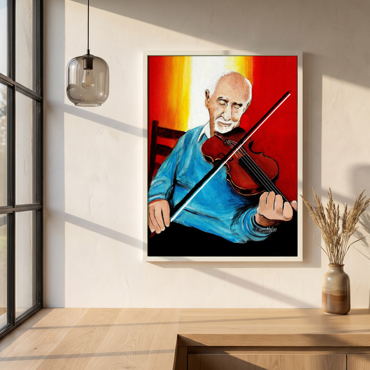 Polkas in the Parlour framed print in a white frame on a plaster wall above an oak worktop in a bright Scandinavian kitchen