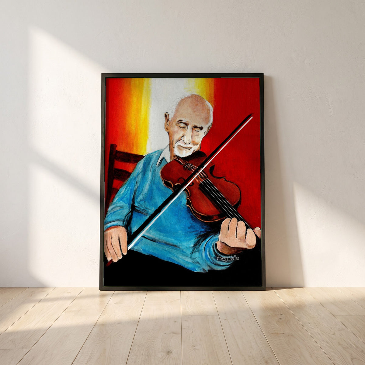 Polkas in the Parlour framed print in a black frame leaning against a white plaster wall on oak floorboards in morning light