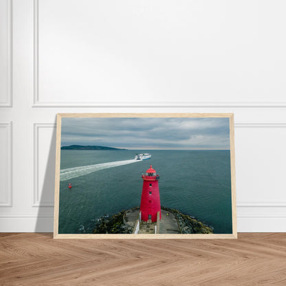 Poolbeg Lighthouse, Dublin Bay photo in a natural oak frame leaning against a panelled wall