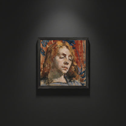 Black wooden frame on a dimly lit Irish museum wall, deep charcoal background.