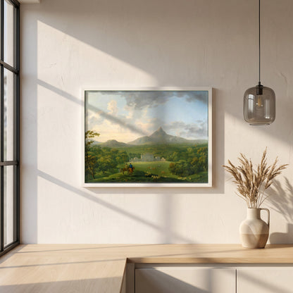 Powerscourt framed print in a white frame on a plaster wall above an oak worktop in a bright Scandinavian kitchen