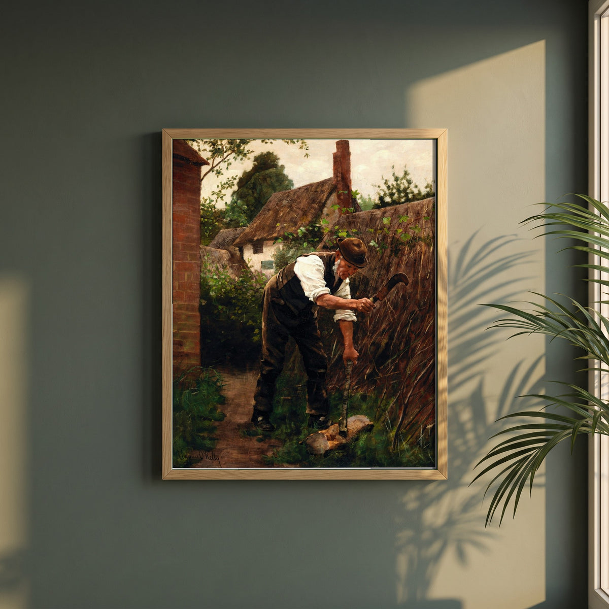 Preparing for Winter framed print in a natural oak frame on a dark green wall beside a window, dappled plant shadow