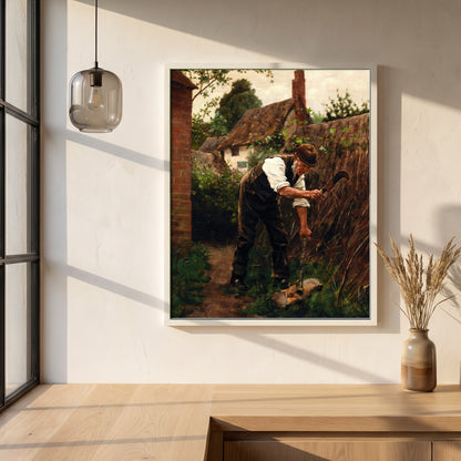 Preparing for Winter framed print in a white frame on a plaster wall above an oak worktop in a bright Scandinavian kitchen