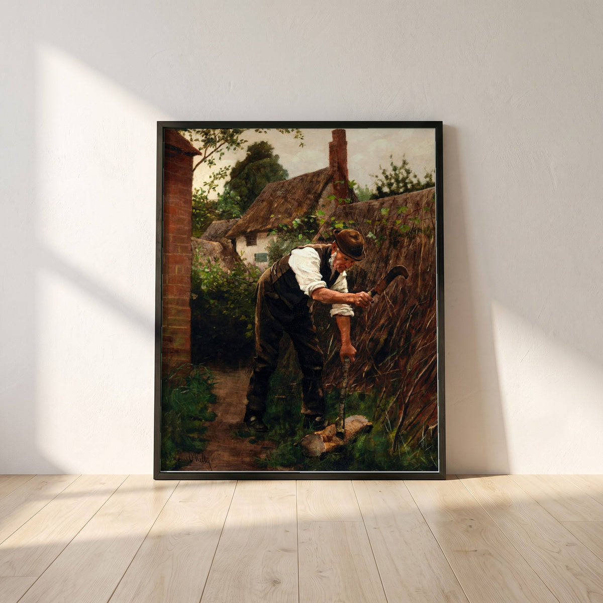 Preparing for Winter framed print in a black frame leaning against a white plaster wall on oak floorboards in morning light