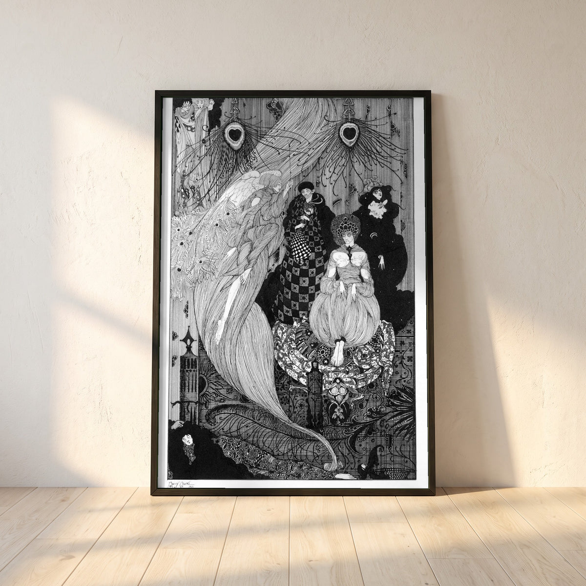Down to the Central Earth framed print in a black frame leaning against a white plaster wall on oak floorboards in morning light