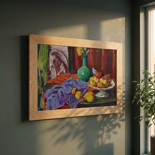 Roderic O’Conor framed print in a natural oak frame on a dark green wall beside a window, dappled plant shadow