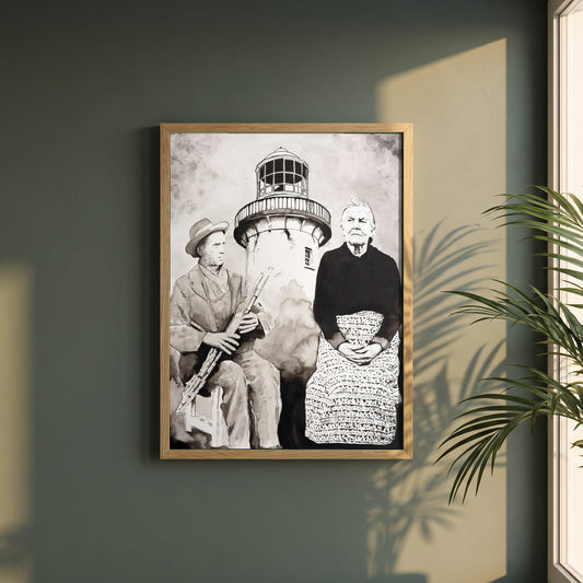 Róise Rua & Uilleann Piper framed print in a natural oak frame on a dark green wall beside a window, dappled plant shadow