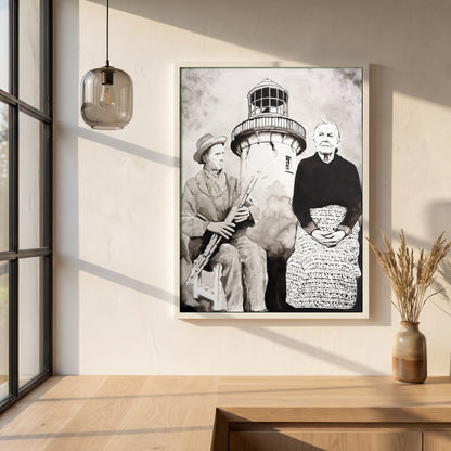 Róise Rua & Uilleann Piper framed print in a white frame on a plaster wall above an oak worktop in a bright Scandinavian kitchen