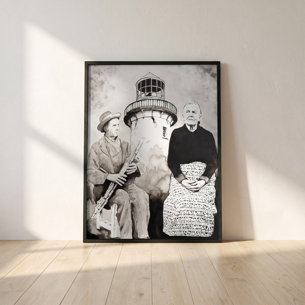 Róise Rua & Uilleann Piper framed print in a black frame leaning against a white plaster wall on oak floorboards in morning light