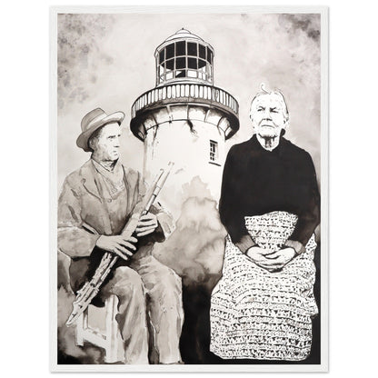Róise Rua and uilleann piper Aranmore print with a thin white edge, woman in a lettered skirt