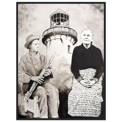Róise Rua and uilleann piper at Aranmore Lighthouse print in a black frame