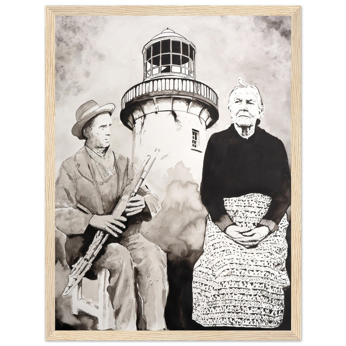 Róise Rua & Uilleann Piper Aranmore print in a pale wood frame, piper in a hat with his pipes
