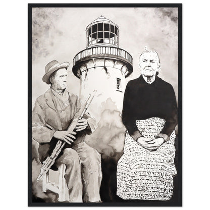 Róise Rua & Uilleann Piper Aranmore print in a thick black frame
