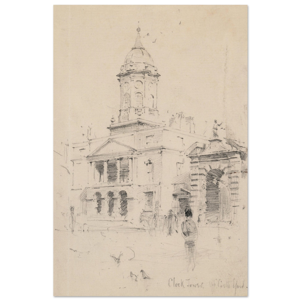 Rose Barton The Bedford Tower, Dublin Castle, sepia-toned architectural sketch with signature