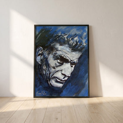 Samuel Beckett framed print in a black frame leaning against a white plaster wall on oak floorboards in morning light