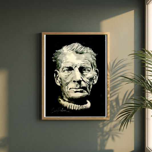 Samuel Beckett framed print in a natural oak frame on a dark green wall beside a window, dappled plant shadow