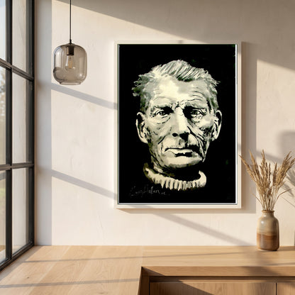 Samuel Beckett framed print in a white frame on a plaster wall above an oak worktop in a bright Scandinavian kitchen