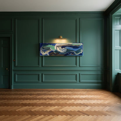 Sea Rhythm by Mainie Jellett modernist Irish art displayed in Georgian heritage interior with deep green panelled wall and picture light