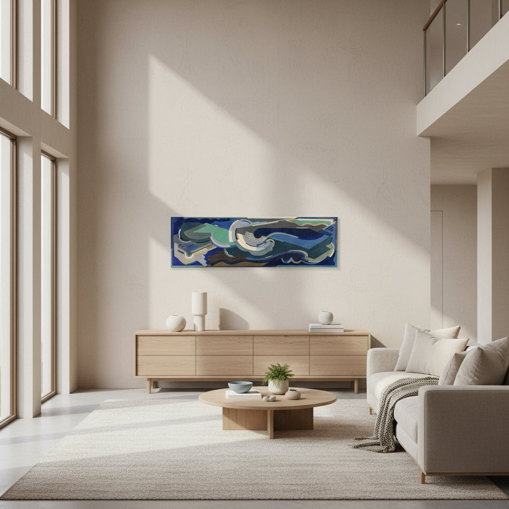 Sea Rhythm canvas print by Irish artist Mainie Jellett in bright Scandinavian-style luxury living room with natural light