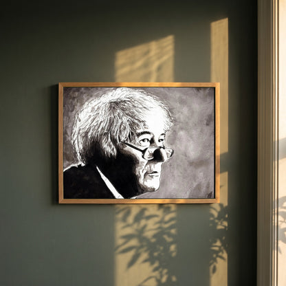 Seamus Heaney framed print in a natural oak frame on a dark green wall beside a window, dappled plant shadow