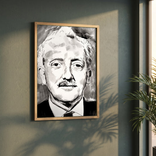 Sean Ó Riada framed print in a natural oak frame on a dark green wall beside a window, dappled plant shadow