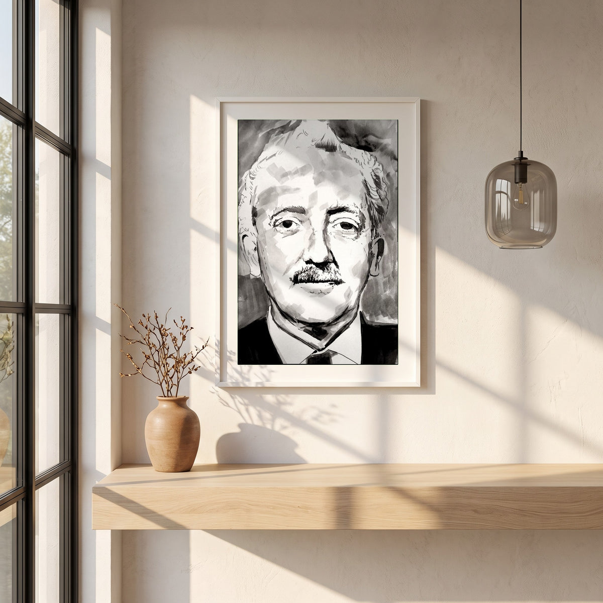 Sean Ó Riada framed print in a white frame on a plaster wall above an oak worktop in a bright Scandinavian kitchen