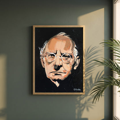 Sean O'Casey framed print in a natural oak frame on a dark green wall beside a window, dappled plant shadow
