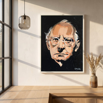 Sean O'Casey framed print in a white frame on a plaster wall above an oak worktop in a bright Scandinavian kitchen