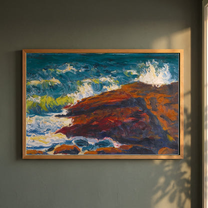Seascape framed print in a natural oak frame on a dark green wall beside a window, dappled plant shadow