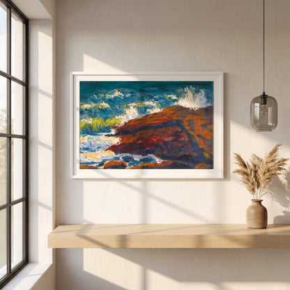 Seascape framed print in a white frame on a plaster wall above an oak worktop in a bright Scandinavian kitchen