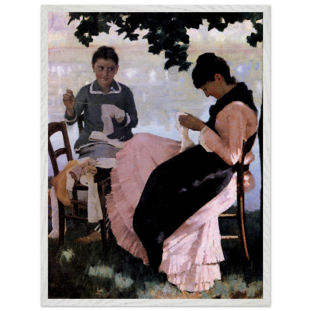 Sewing in the Shade (1884) by Sir John Lavery, two women sewing outdoors in dappled summer shade