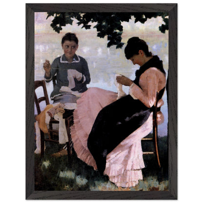 Sewing in the Shade by John Lavery print in a dark wooden frame, straight-on view