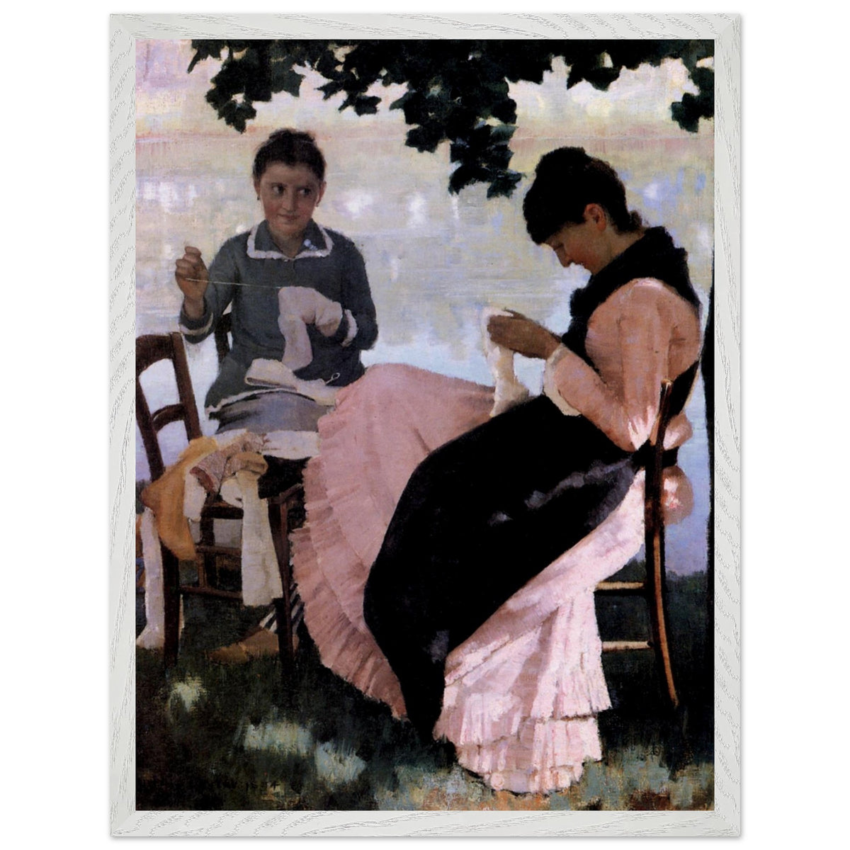 Sewing in the Shade by John Lavery print in a pale white frame, women seated on wooden chairs