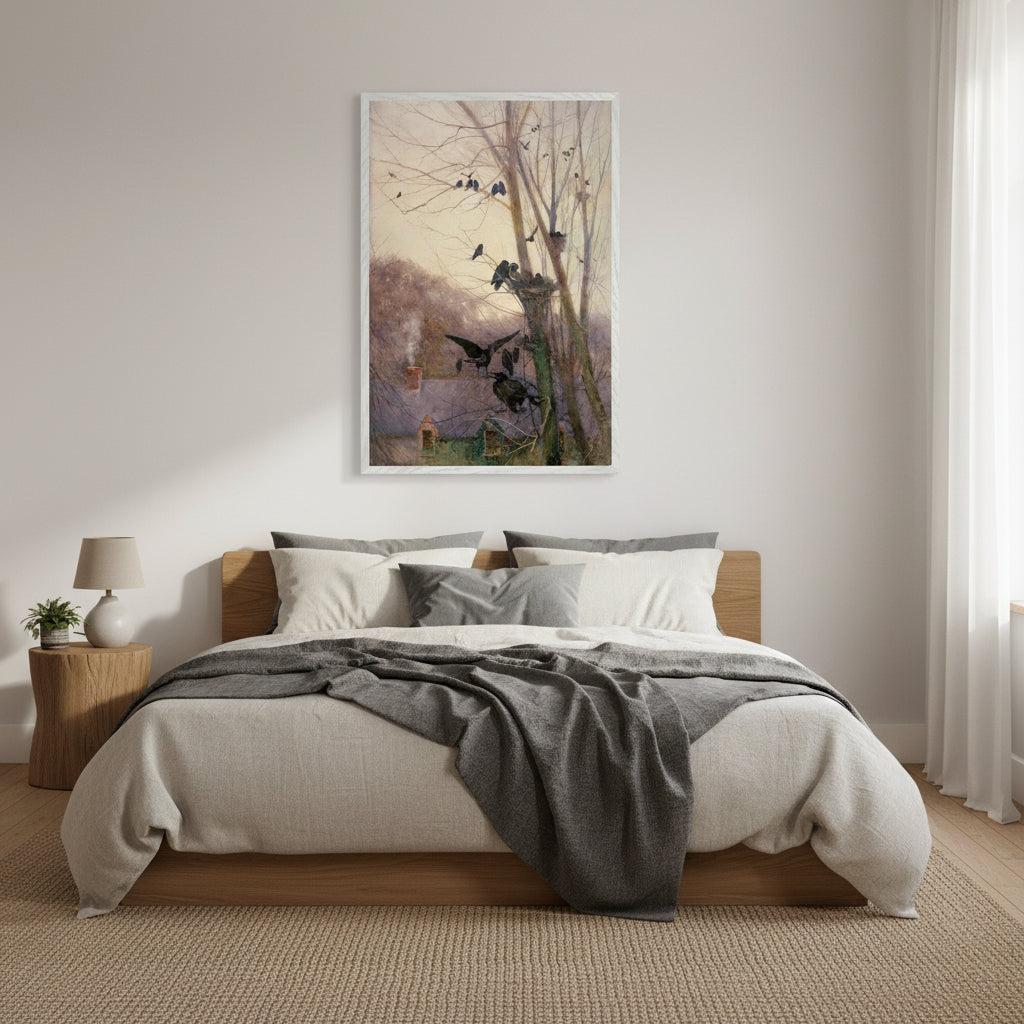 Shades of Evening by Mildred Anne Butler in white frame above modern bedroom bed