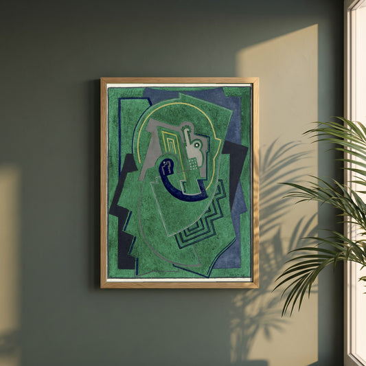 Single Element framed print in a natural oak frame on a dark green wall beside a window, dappled plant shadow