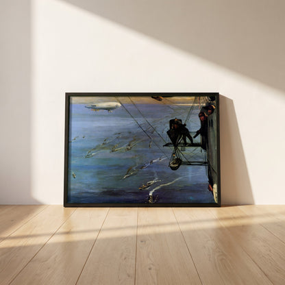A Convoy, North Sea framed print in a black frame leaning against a white plaster wall on oak floorboards in morning light