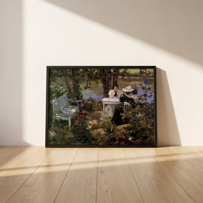 A Garden in France framed print in a black frame leaning against a white plaster wall on oak floorboards in morning light