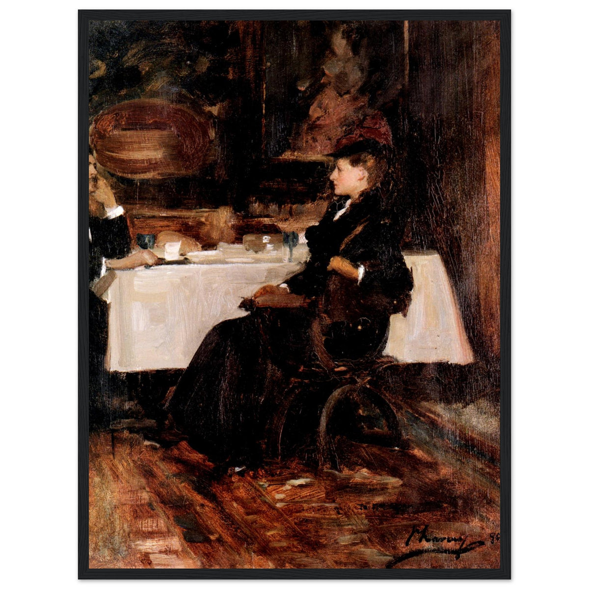 Sir John Lavery Mrs Adam at Dinner print in a black frame, straight-on