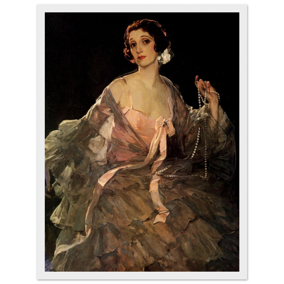 Sir John Lavery portrait of Hazel holding pearls, print in a slim white frame