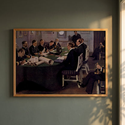 Admiral Sir David Beatty Reading the Terms of the Armistice framed print in a natural oak frame on a dark green wall beside a window, dappled plant shadow