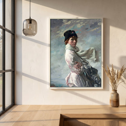 William Orpen framed print in a white frame on a plaster wall above an oak worktop in a bright Scandinavian kitchen