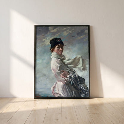 William Orpen framed print in a black frame leaning against a white plaster wall on oak floorboards in morning light