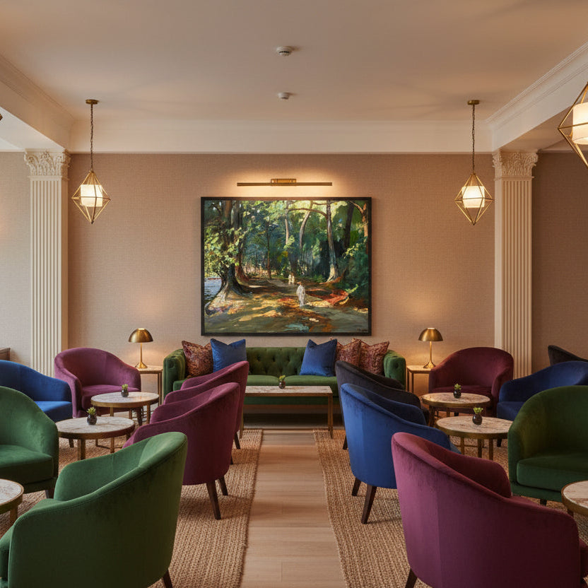 The Path by the River, Maidenhead by Sir John Lavery — black-framed Irish art print in boutique hotel lounge