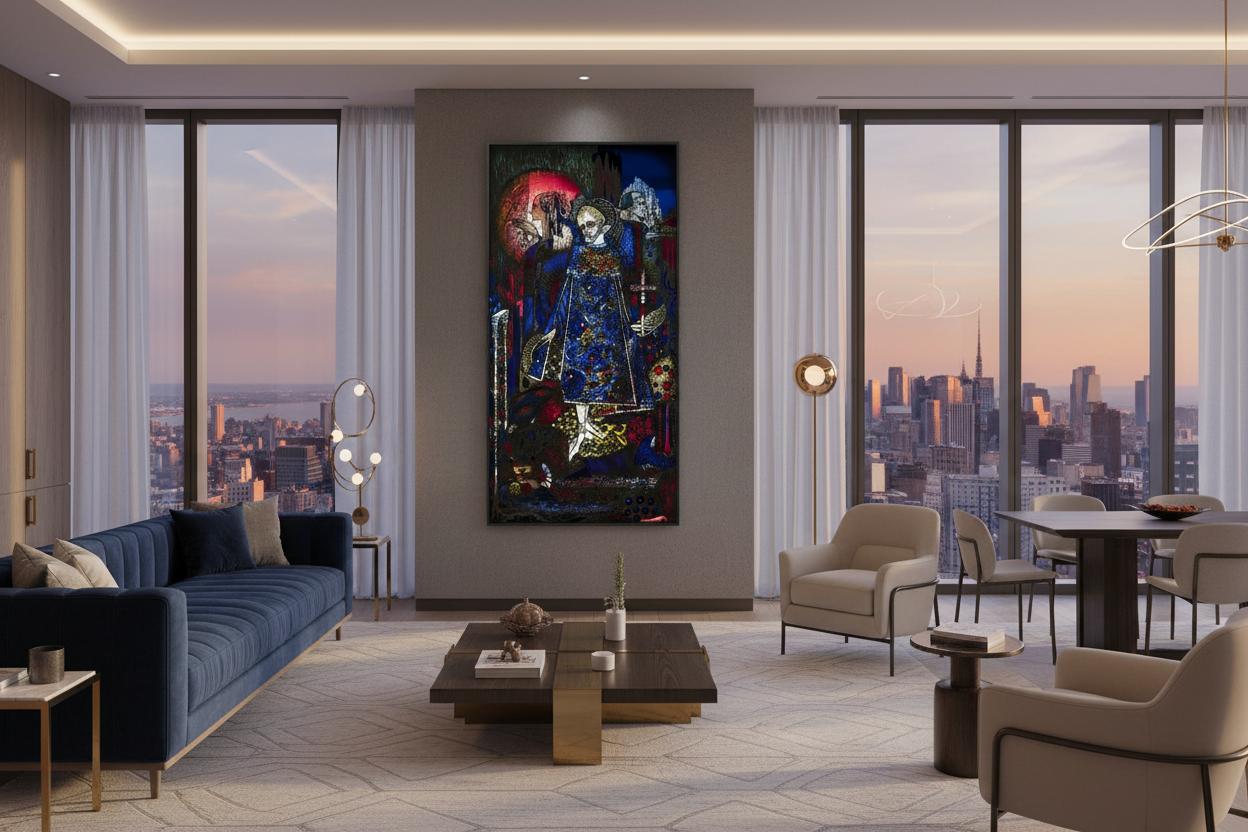 The Song of the Mad Prince (1917) – Harry Clarke Canvas Art Print in a Modern living room with large abstract painting, cityscape view, and stylish furniture.