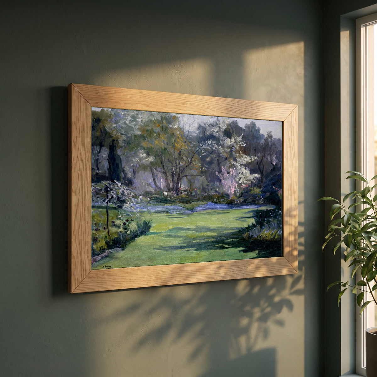 Spring, the Garden, Villa Sylvia framed print in a natural oak frame on a dark green wall beside a window, dappled plant shadow