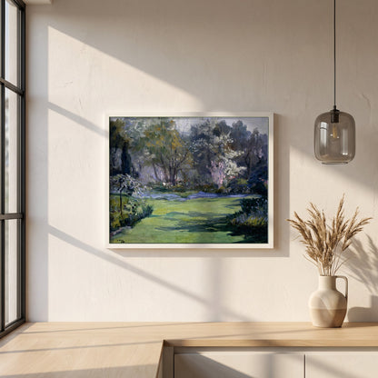 Spring, the Garden, Villa Sylvia framed print in a white frame on a plaster wall above an oak worktop in a bright Scandinavian kitchen