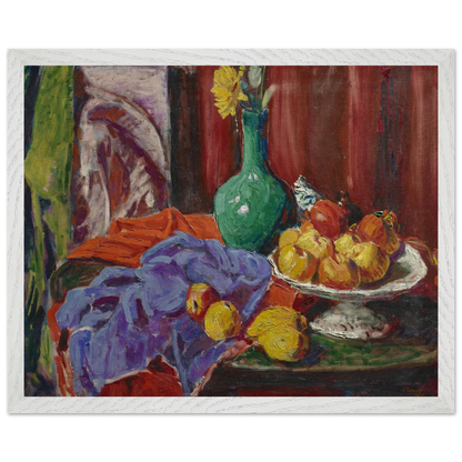 Still Life of Fruit and Green Vase by Roderic O'Conor, 1919, still life print in a white frame