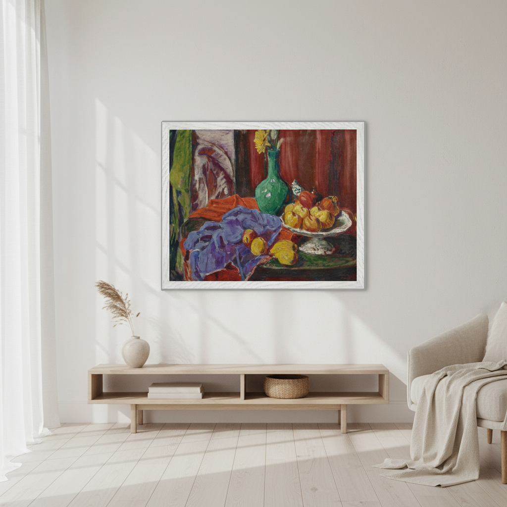 Still Life of Fruit and Green Vase by Roderic O'Conor framed print in a white frame above a sideboard in a bright room