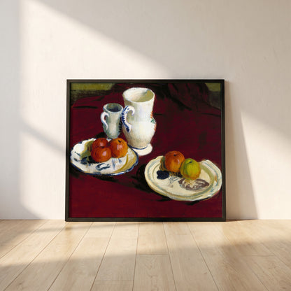 Apples and Breton Pots framed print in a black frame leaning against a white plaster wall on oak floorboards in morning light